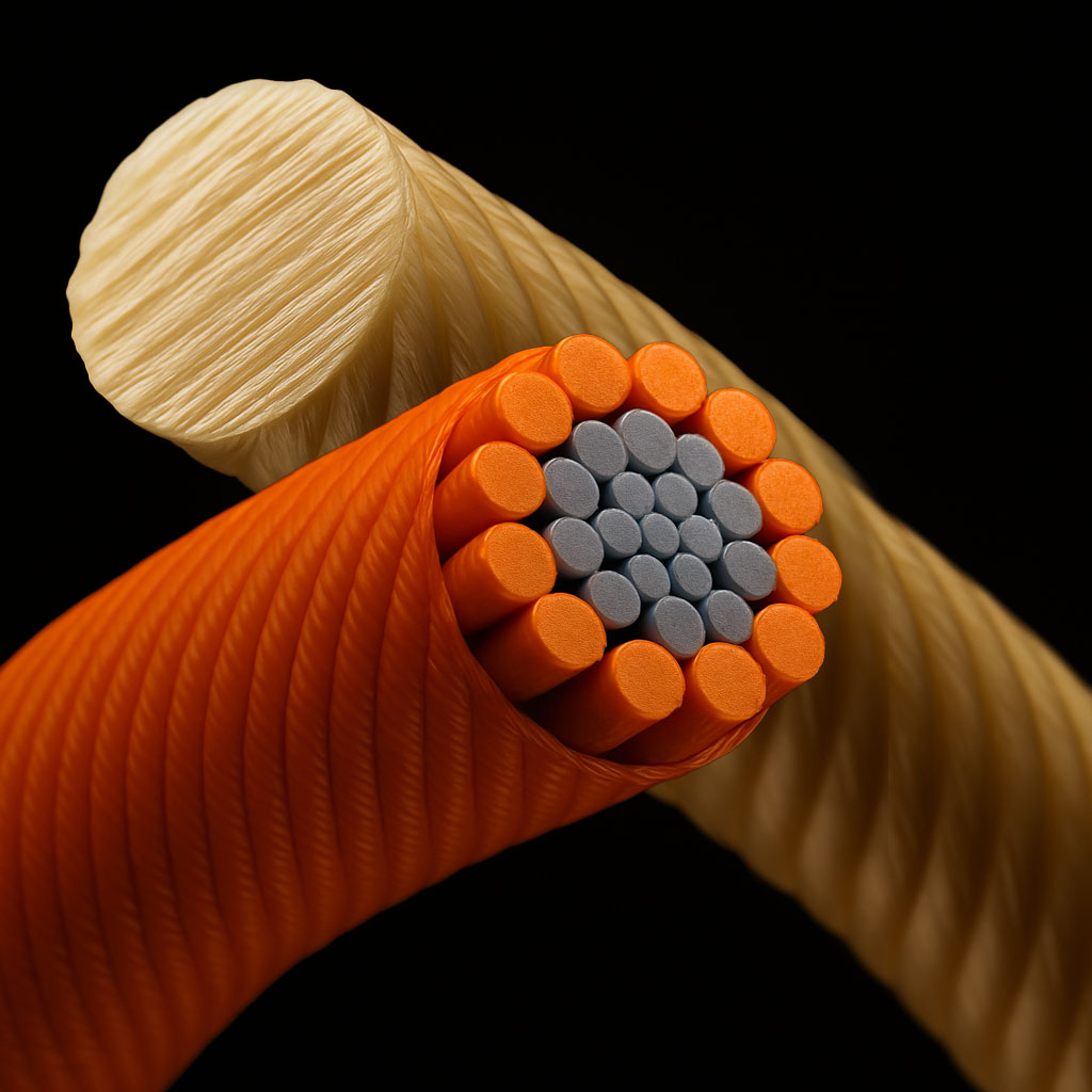 A side-by-side comparison of a natural gut tennis string and a modern polyester tennis string.